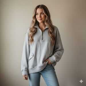 Aerie Women's Size Medium Light Gray Quarter Zip Oversized Sweatshirt